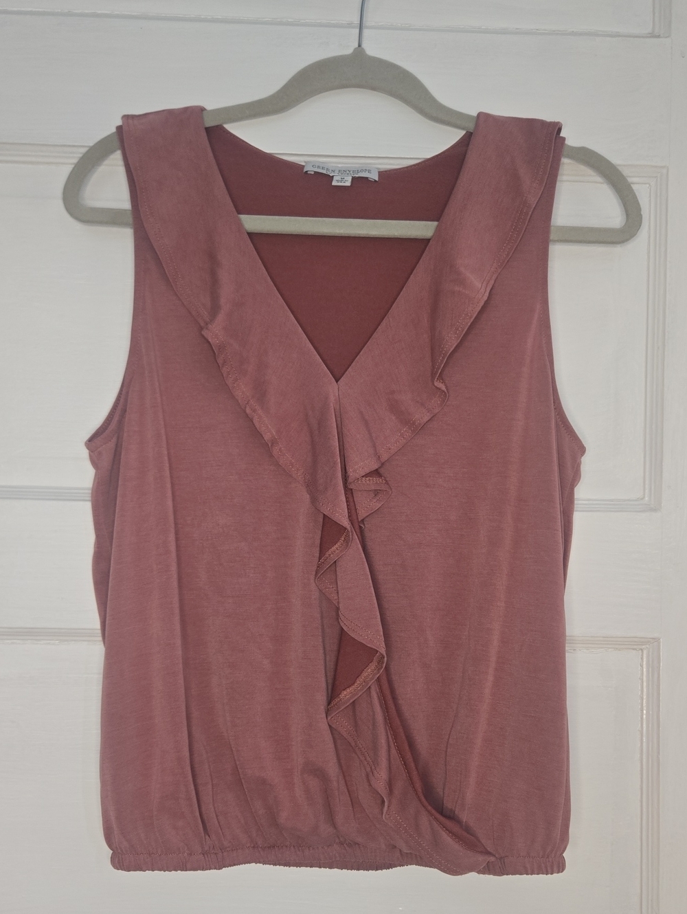 Green Envelope Women's Ruffle Front Blouse in Pink Size Med_